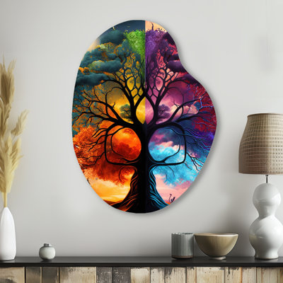 Arbre de vie, jour et nuit II - Paysage forêt en forme de poire, art mural en métal asymétrique