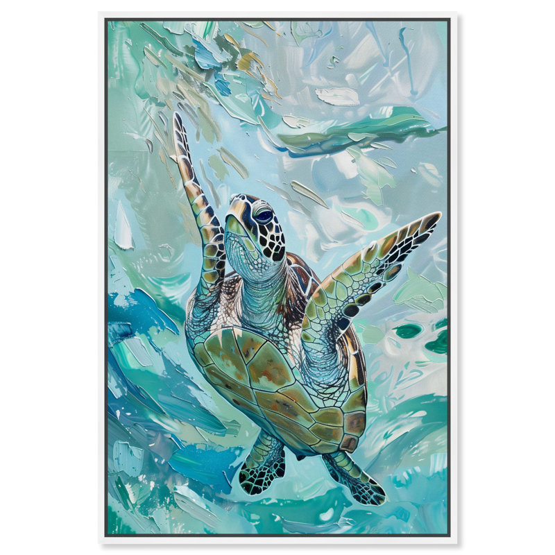 Serene Turtle Coastal Canvas Wall Art with Gold Frame