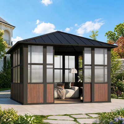 Berkely 12'X 12'. Aluminum Patio Hardtop Gazebo,Single Top Outdoor Screen Sunroom House With TV Bracket And Charging Socket