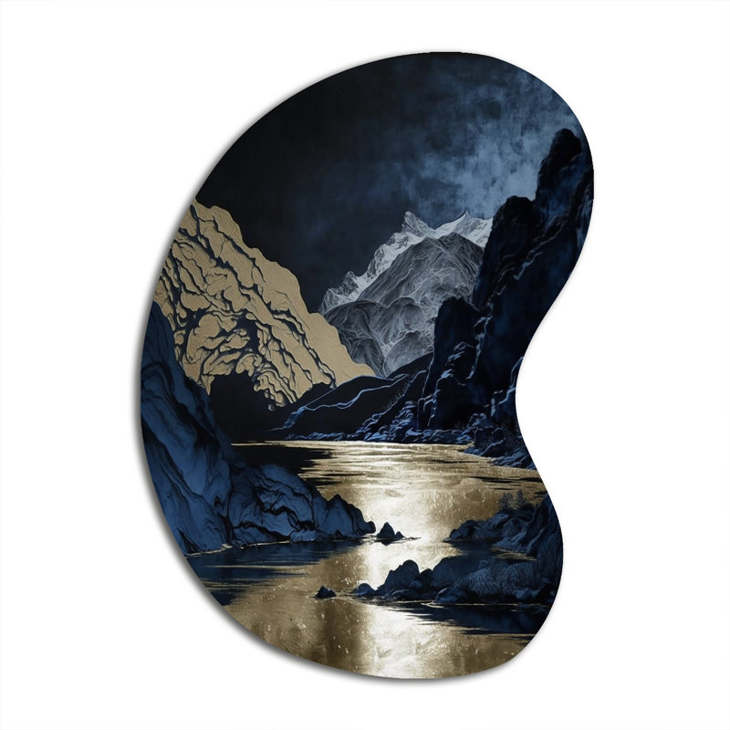 «Gold Frosted River And Mountain III - Asymmetric Forest River Mountains», reproduction d'art murale en métal de forme unique