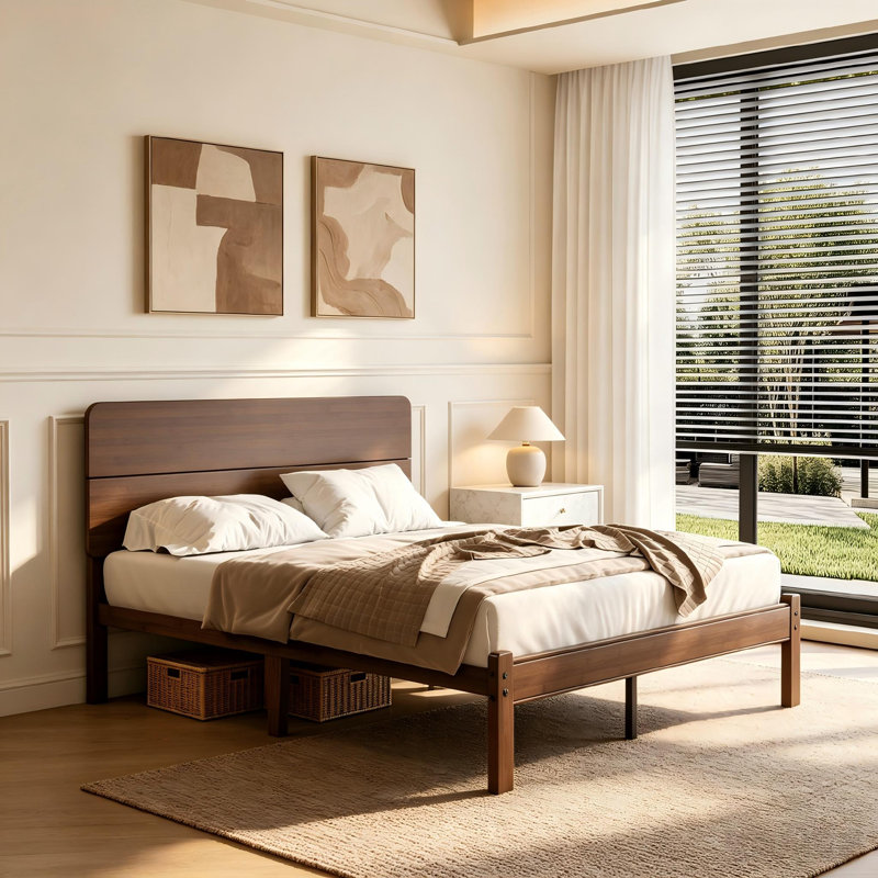 Cadre de lit Queen de 35,5 cm (14 po), lit plateforme en bambou avec lattes métalliques et tête de lit style ferme, aucun sommier requis, montage facile