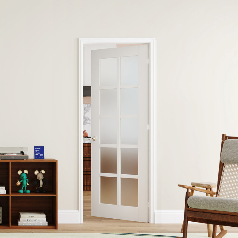 Porte intérieure française pré-suspendue double à 10 panneaux en verre givré de style moderne, cadre ajustable, blanc massif et bois manufacturé avec cadre et poignée (ensemble de 2)
