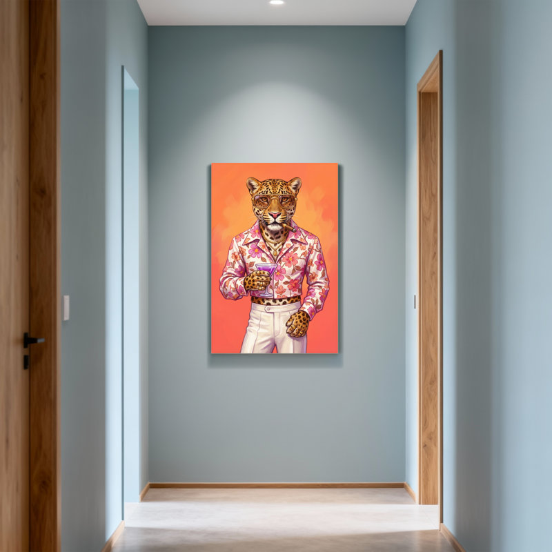 Animaux, léopard en t-shirt à fleurs avec cocktail, H 40 po x l 28 po