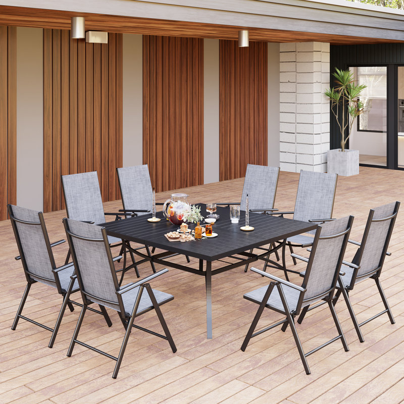 Ensemble repas d'extérieur carré de 60 po pour 8 personnes avec fauteuil inclinable Emy, Gris