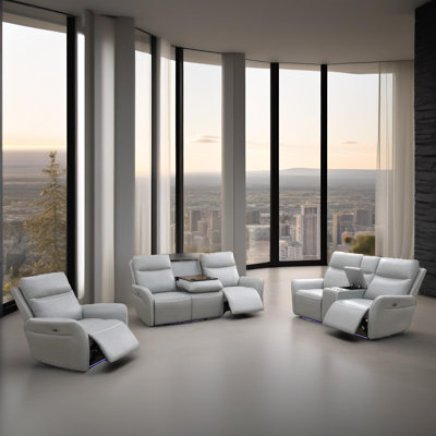 Misty Light Gray  Vegan Leather 3-Pieces Reclining  Sectioanal Living Room Sofa Set With Cup-Holders ,Wireless Charging And LED Lights