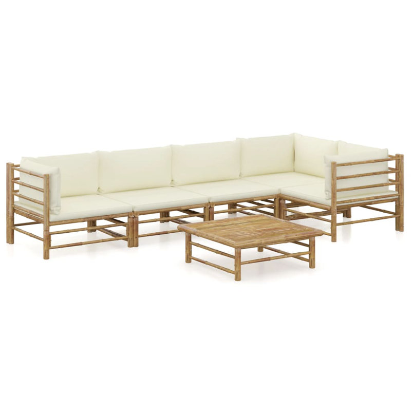 Ensemble de patio 6 pièces avec coussins Koehn, 2 x 2 au centre + 3 x 2 coins + une table, Blanc, crème
