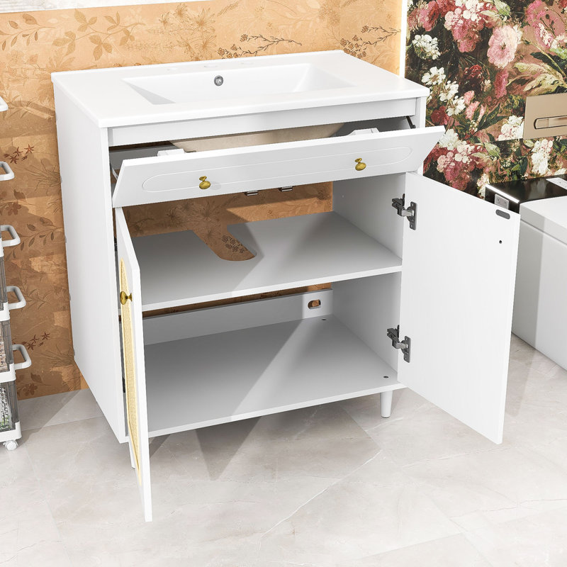 Meuble-lavabo 30 po avec lavabo, tiroir basculant, tablette réglable et portes, Blanc