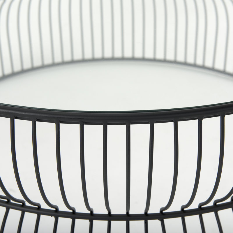 Round Black Iron Cage Coffee Table with Glass Top