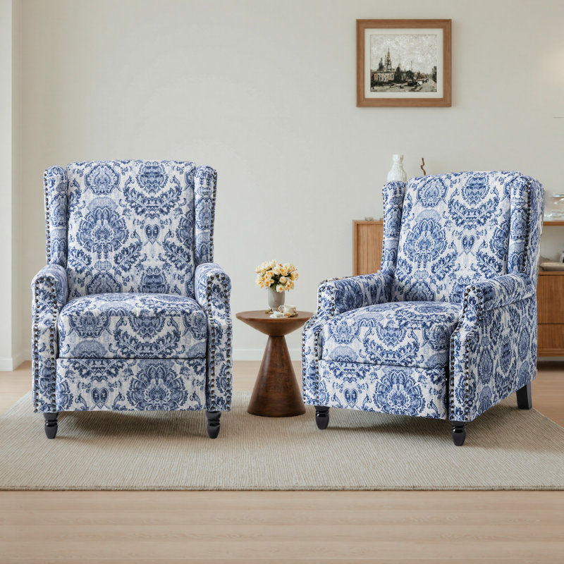 Ameiah 74 cm W Upholstered Wing Back Manual Push Back Recliner with Naihead Trims, Navy Polyester