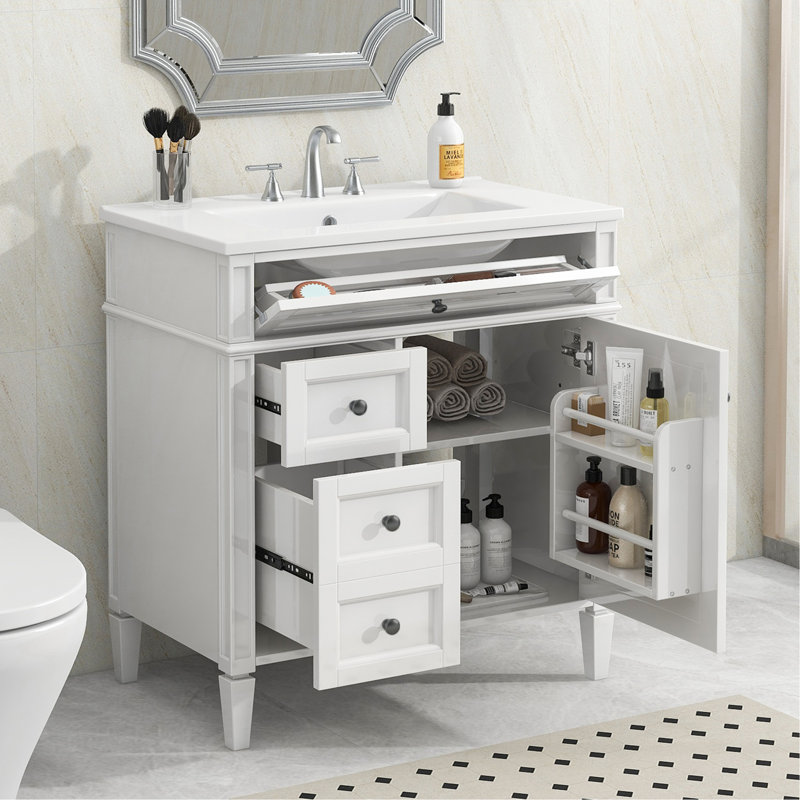 Meuble-lavabo de 30 po avec lavabo supérieur, meuble-lavabo moderne avec 2 tiroirs et tiroir escamotable, meuble-lavabo simple