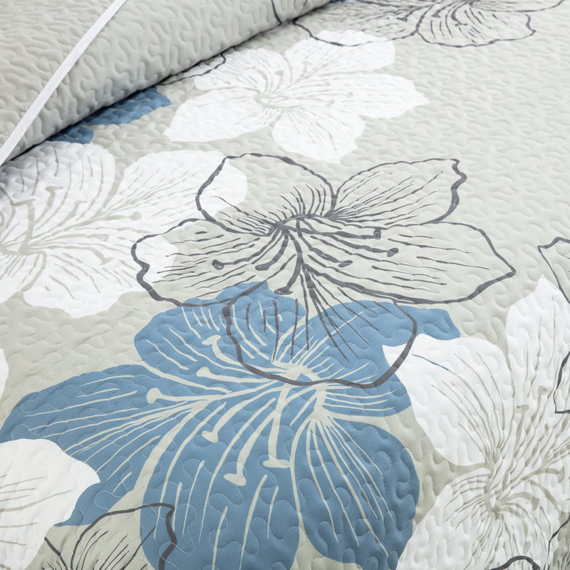 3 Piece Botanical Floral Quilt Set  with Pillow Shams Soft Lightweight Flower Bedding Set for All Season, Blue/Gray