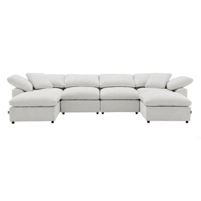 Canapé modulaire ivoire en lin avec repose-pieds 6 pièces