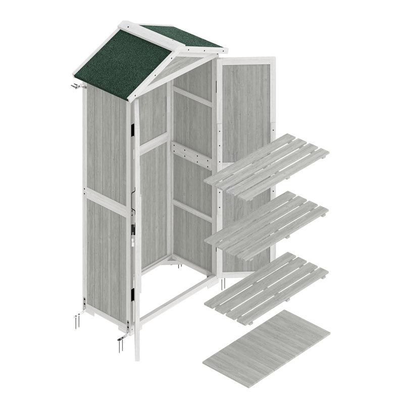 Gray and White Wooden Outdoor Storage Shed with Shelves