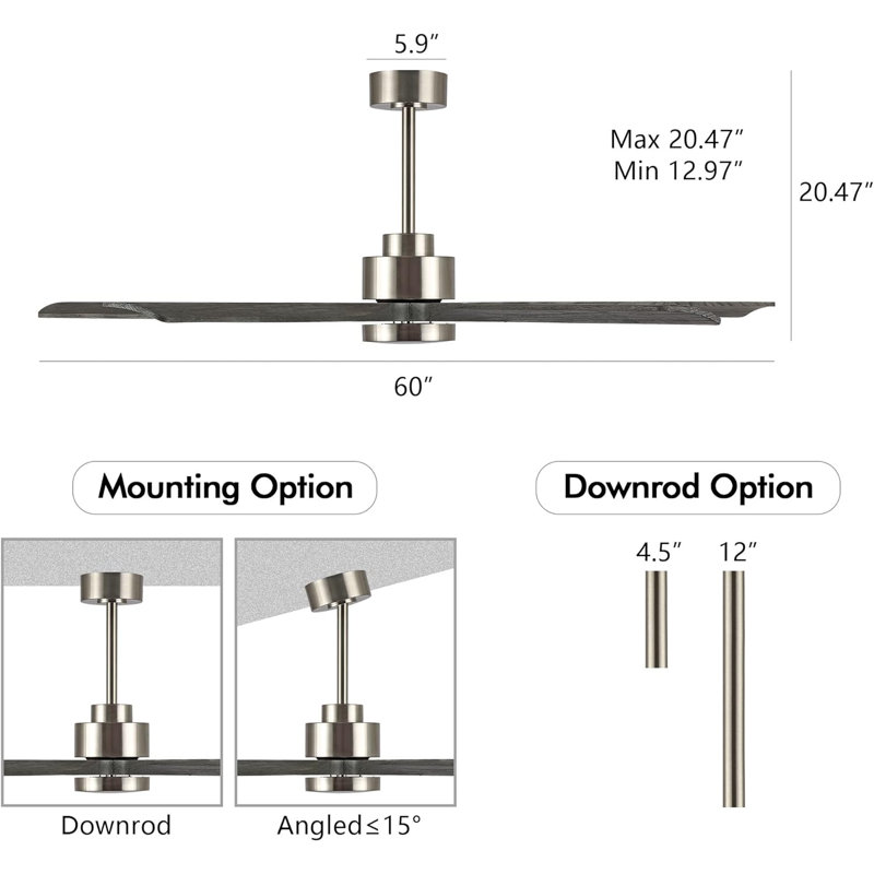 Leresa 60'' Ceiling Fan with LED Lights, Nickel with Black Blades