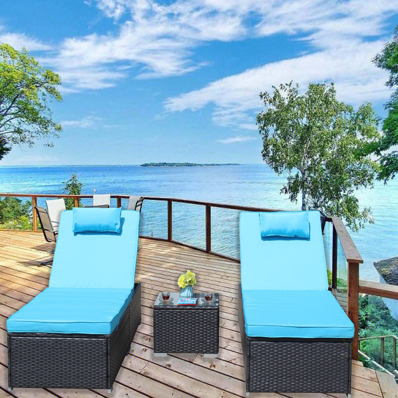 3-Piece Outdoor Patio Furniture Set With Chaise Lounge, Adjustable Reclining Rattan Chairs, And Glass Coffee Table For Pool And Garden