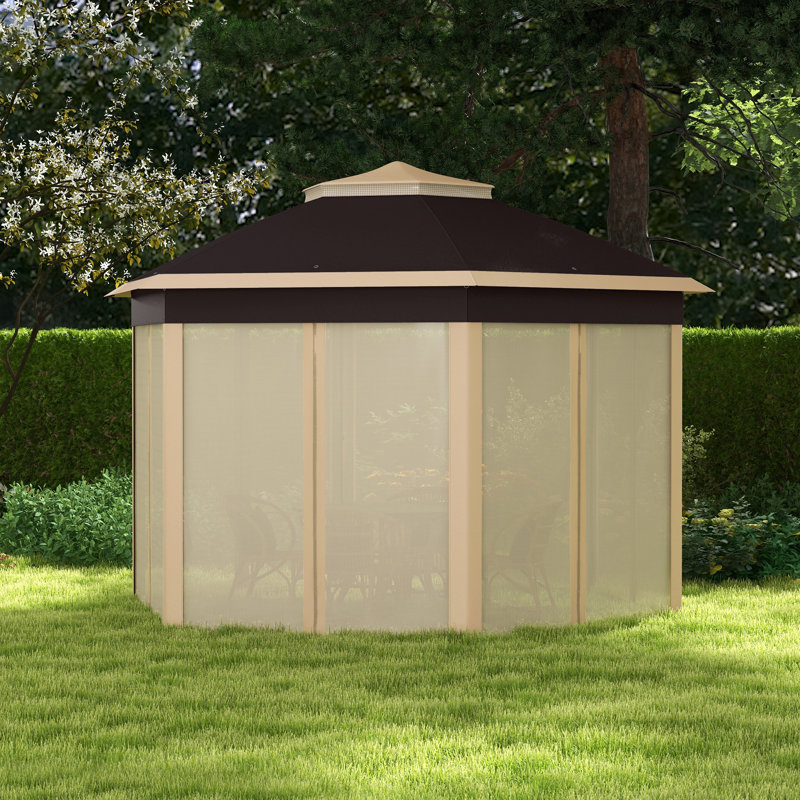 Abri de jardin escamotable, abri à baldaquin hexagonal avec filet en filet à 6 fermetures à glissière, tente d'événement avec cadre en acier robuste pour patio, jardin, mariage, fête