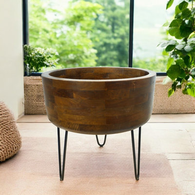 Extra Large Hand-crafted Round Wood Planter With Stand