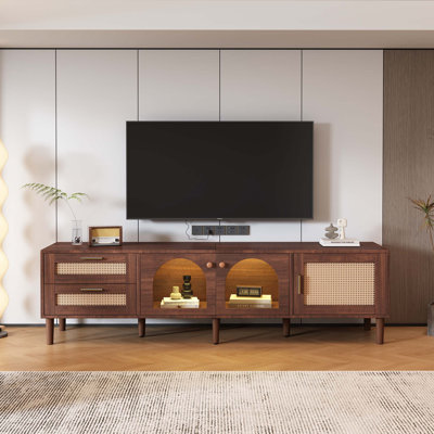 Meuble télé en rotin avec 3 armoires et 2 tiroirs, console média en rotin pour téléviseurs de 80 po ou moins, meuble télé à DEL, meuble télé pour le salon, la chambre à coucher et le cinéma maison