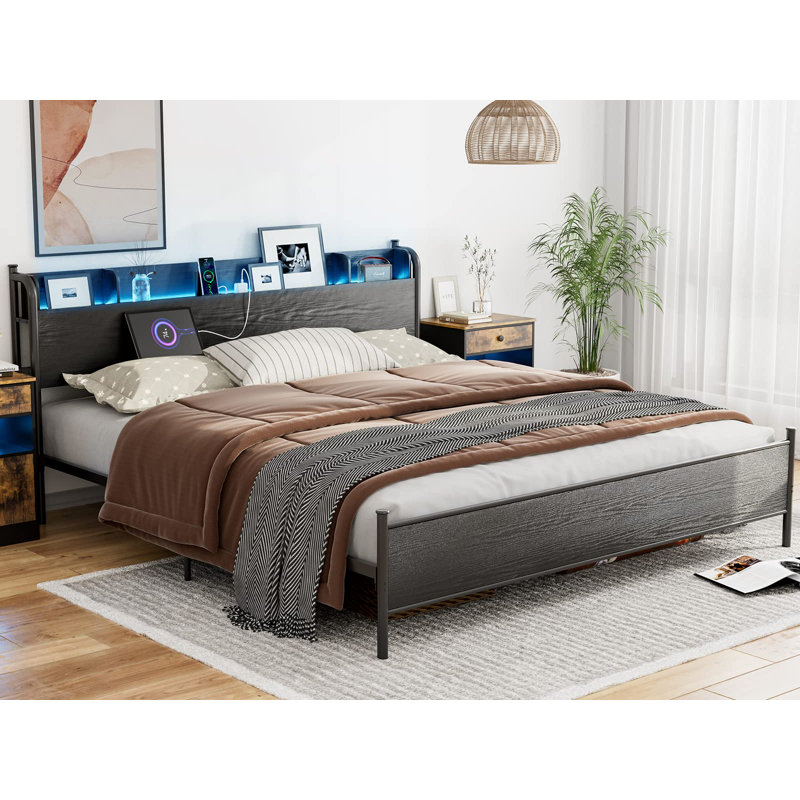 California King Black Metal and Wood Bed Frame with LED Lights and Storage