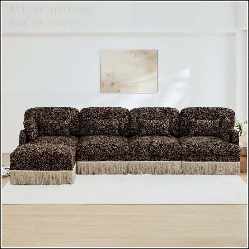 Canapé modulaire en chenille à imprimé léopard, 4 Seat L-Shaped, Brown Chenille