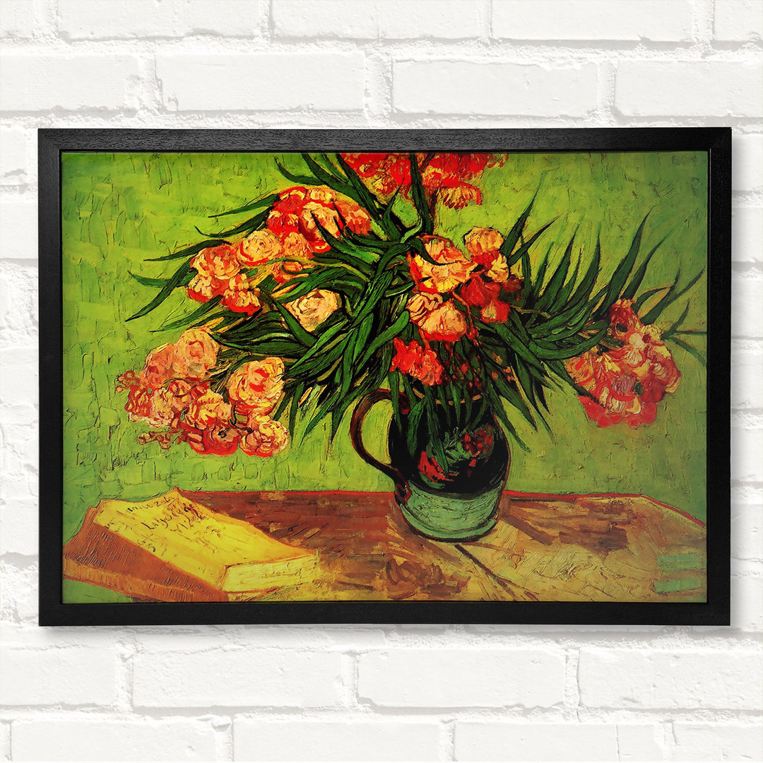 Stillleben Vase mit Oleander und Büchern von Vincent Van Gogh - Geschlossener Eckrahmen Kunstdrucke auf Holz