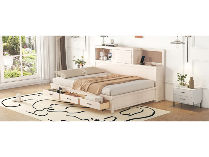 Lit de jour en bois pleine grandeur avec 3 tiroirs de rangement, tablette souple supérieure, tablette et ensemble de prises et ports USB, blanc