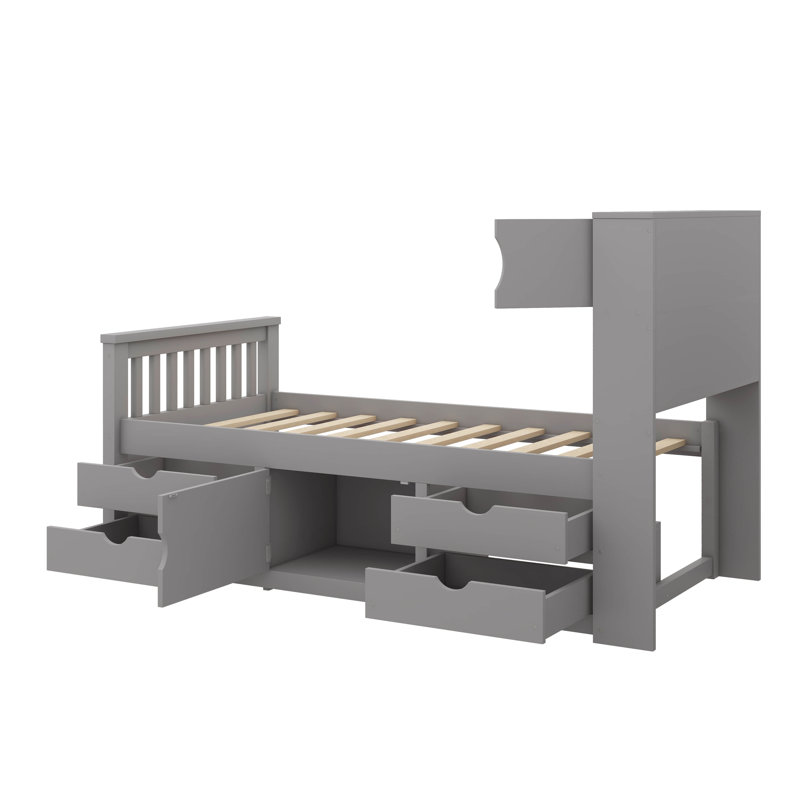 Lit plateforme simple capitaine avec bibliothèques de rangement intégrées et tablettes intégrées, gris