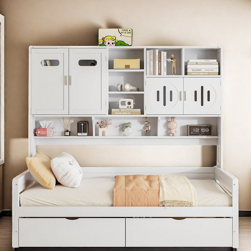 Lit de jour en bois tout-en-un Bellinger avec 2 tiroirs, armoires et tablettes, Lit simple, Blanc / Blanc