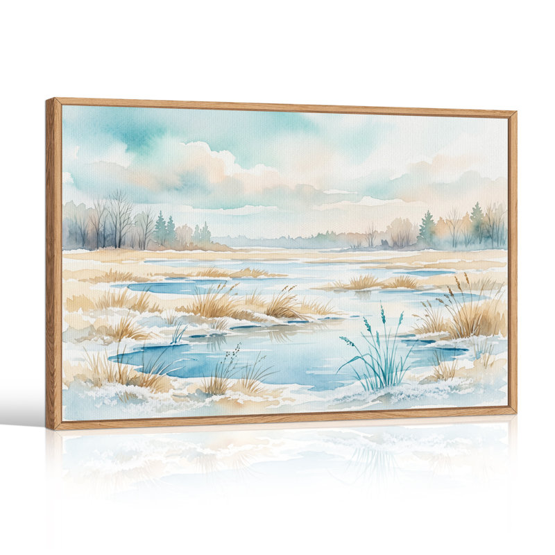 Paysage de rivière d'hiver en aquarelle sur toile, H 24 po x l 36 po