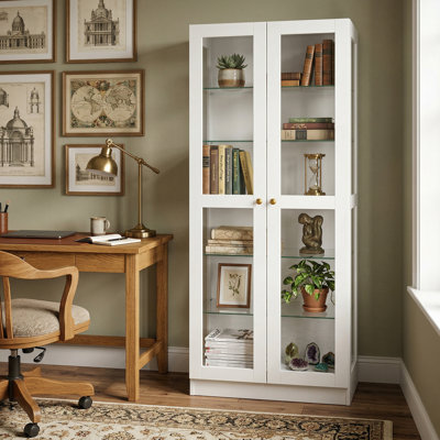Tall White Glass Cabinet, 70.9"H × 31.5"W — 5 Shelves, Tempered Glass Doors