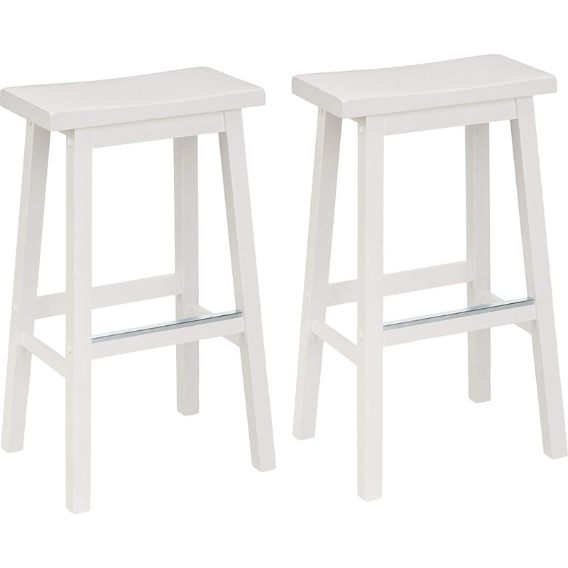 Set Of 2 Solid Wood Saddle-Seat Counter Bar Stools With Footrest, White, Easy Assembly