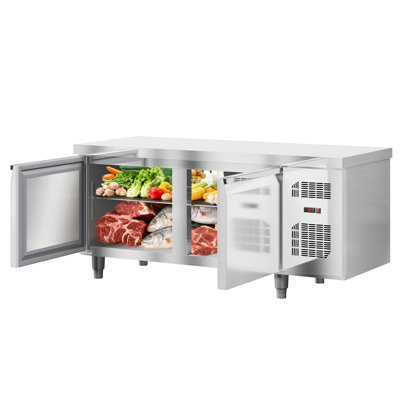 60 Inch Wide 15 Cu.Ft Stainless Steel Undercounter Worktop Refrigerator, 220W Double Door Fan Cooling Auto Defrost Food Prep Station with LCD for Restaurant Bar