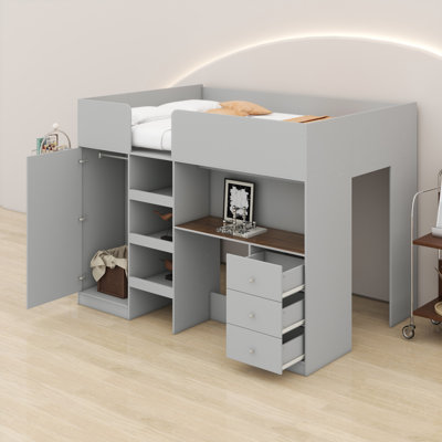 Wood Loft Bed Frame with Built-in Wardrobe, Desk, Storage Shelves and Drawers