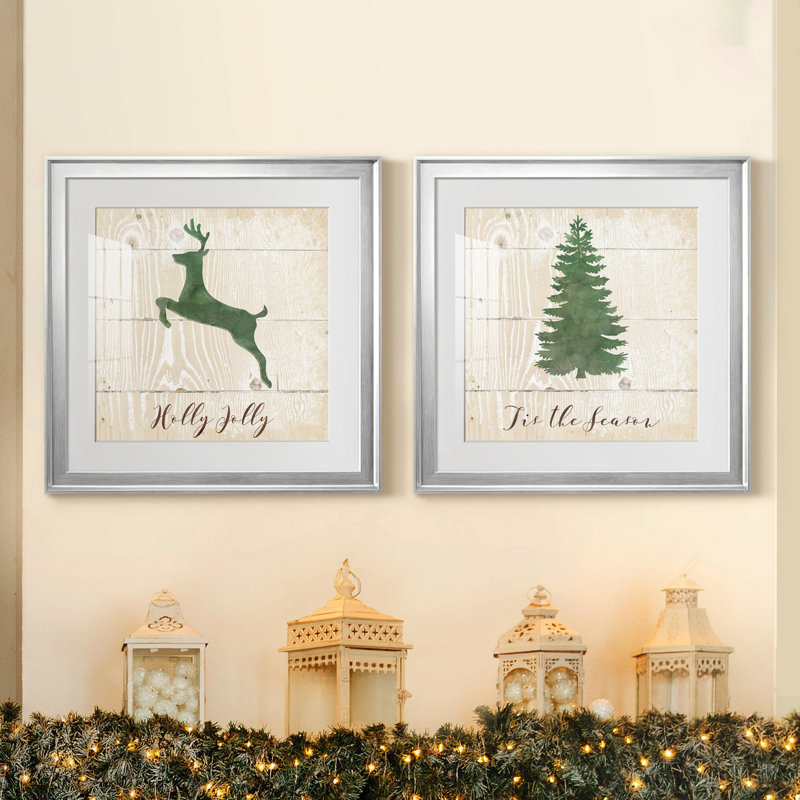 Holly Jolly Reindeer - ensemble de 2 reproductions d'art encadrées, Papier avec cadre argenté, Blanc