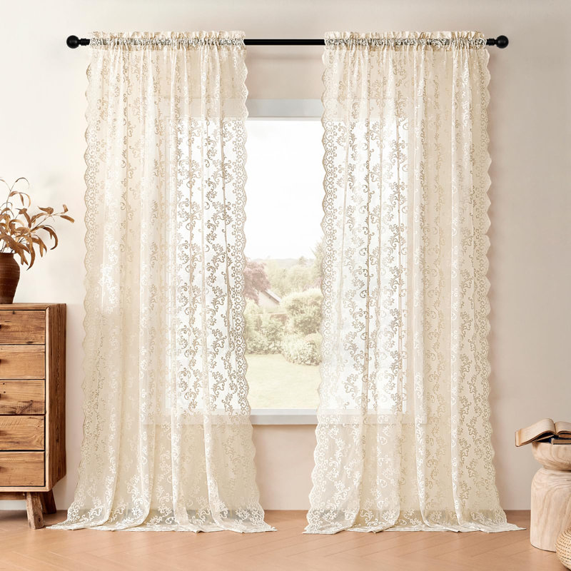 Beige Lace Curtains 2 Panels, 52" W x 72" L