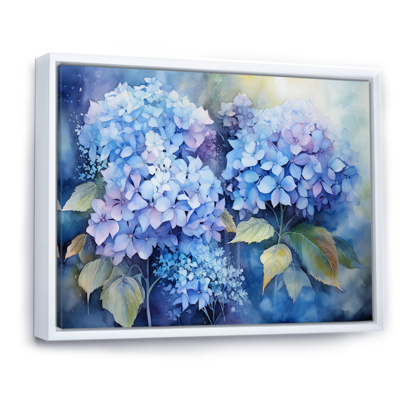 «Blue Hydrangea Farmhouse Still Life I - Hydrangea», art mural, H 16 po x l 32 po x P 1 po, Cadre flottant blanc
