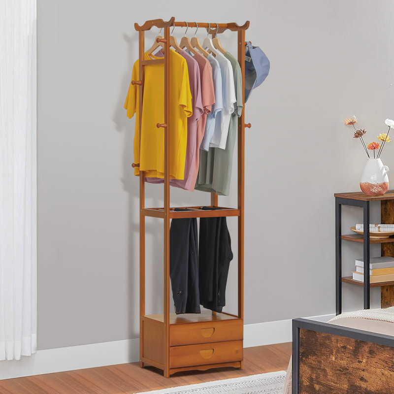 Étagère à vêtements 2 niveaux 2 tiroirs 2 tablettes en bambou, Brun