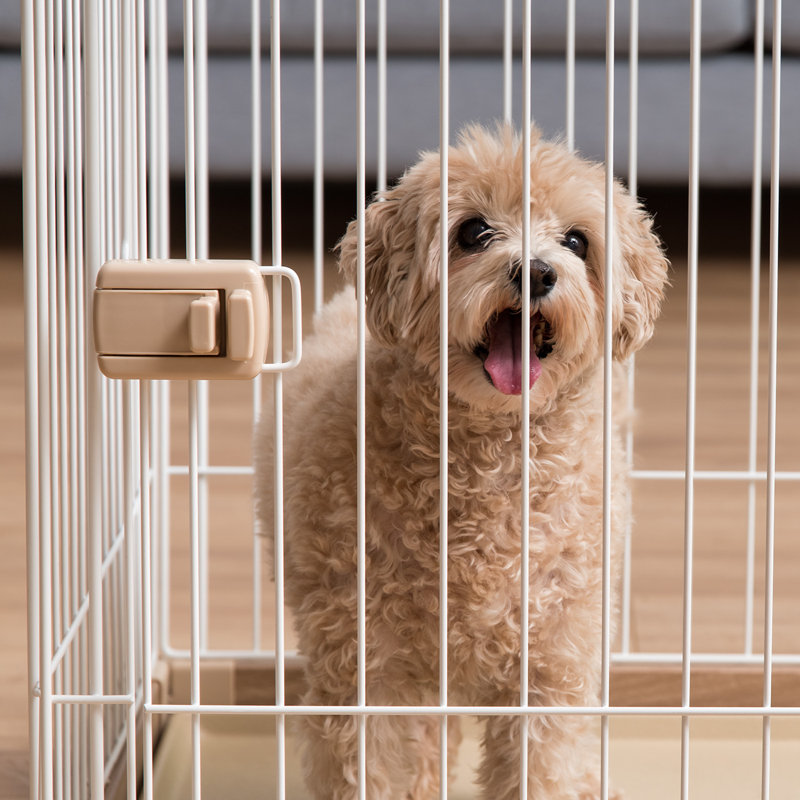Medium Light Brown and White Metal Pet Playpen with Sliding Door