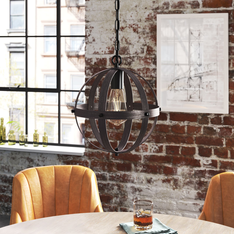 Mancuso 1 - Light Globe Pendant with Wrought Iron Trim, Wood/Black