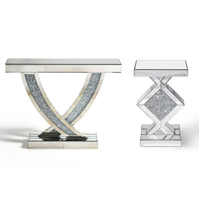 Vikenti Modern Crushed Crystal Inlay Mirrored Console Table And Pedestal End Table Entryway Furniture Set