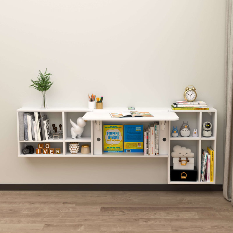 Floating Desk, Wall Mounted Table, White Wood Modular Bookcase with Fold Down Workstation, White