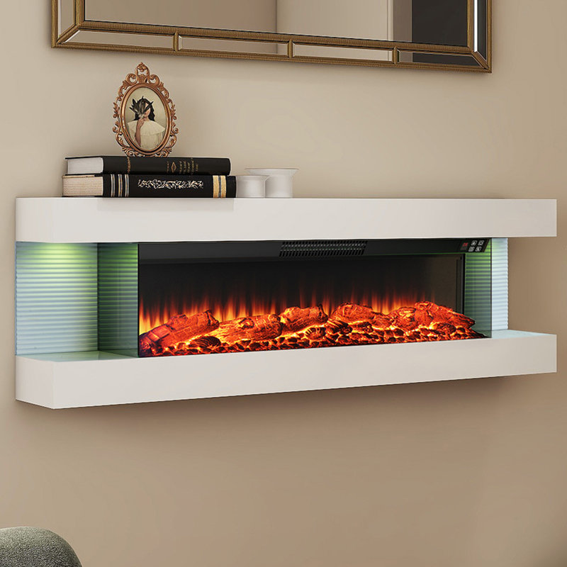 3-Sided Wall Mounted Led Electric Fireplace With Floating Mantel,Remote Control Adjustable Heat, 16.5" H x 50" W x 8.1" D