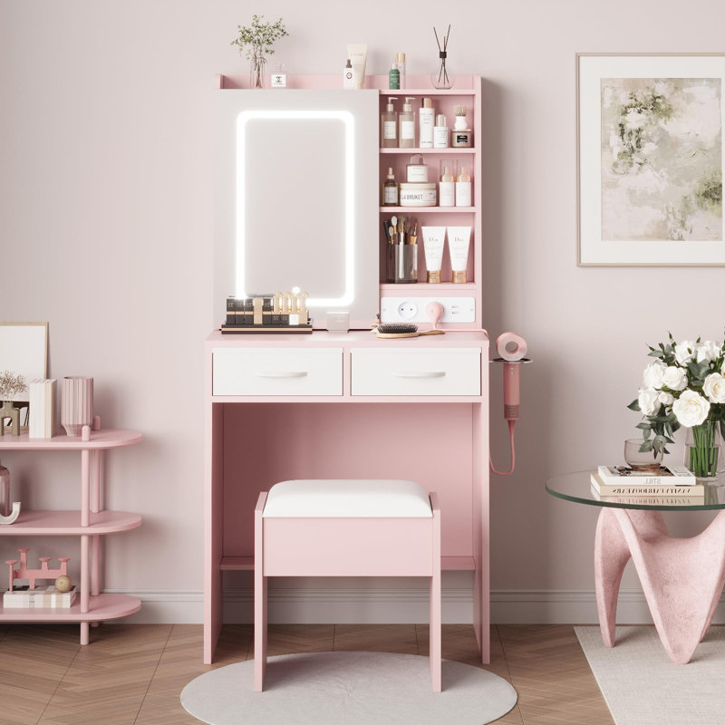 Coiffeuse rose avec miroir et éclairage DEL – 5 tiroirs, étagères ouvertes, grand espace de rangement, station de recharge, prises électriques, ports USB, tabouret rembourré – Table de toilette moderne pour chambre à coucher – Couleur : rose