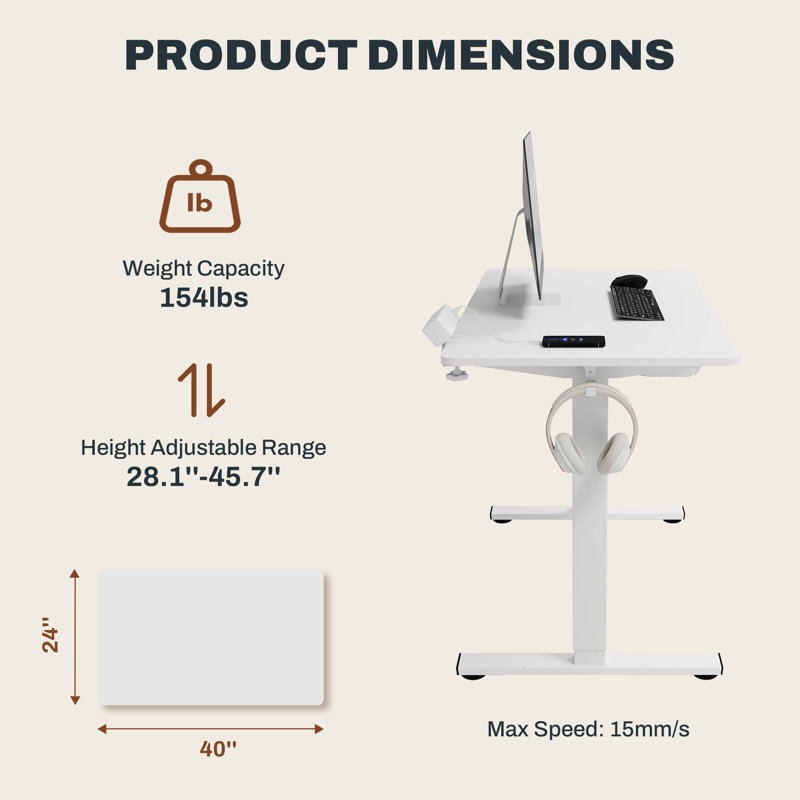 Home Office Height Adjustable Standing Desk With Built-in Power Outlet, White