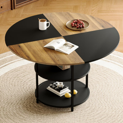 Table de salle à manger spacieuse de 120 cm de diamètre avec double rangement - Panneaux en bois et noir en forme d'éventail pour une décoration intérieure élégante et moderne.