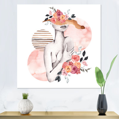 Silhouette de femme avec des fleurs rouges et mauves IV - reproduction d'art sur toile glam