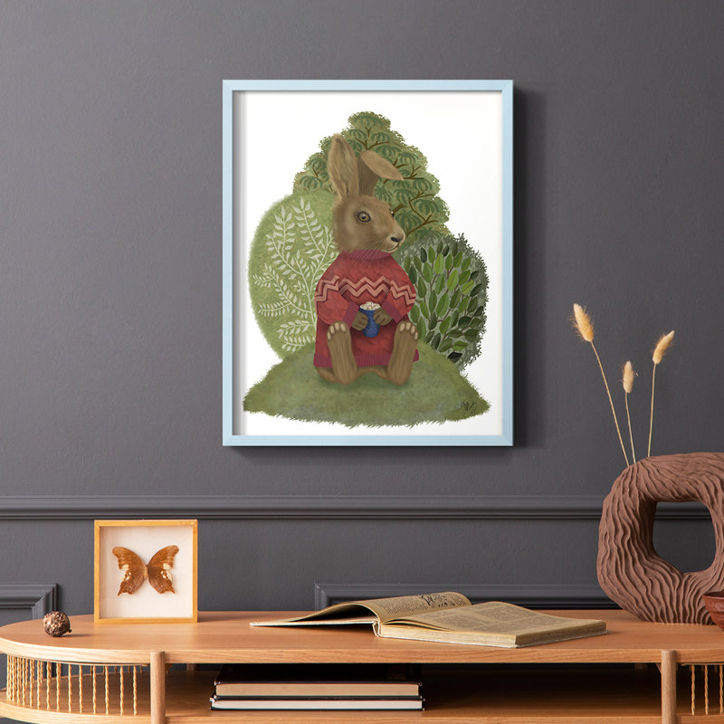 Lapin latte dans un chandail, reproduction encadrée - bois massif, Bleu, H 10 po x l 8 po