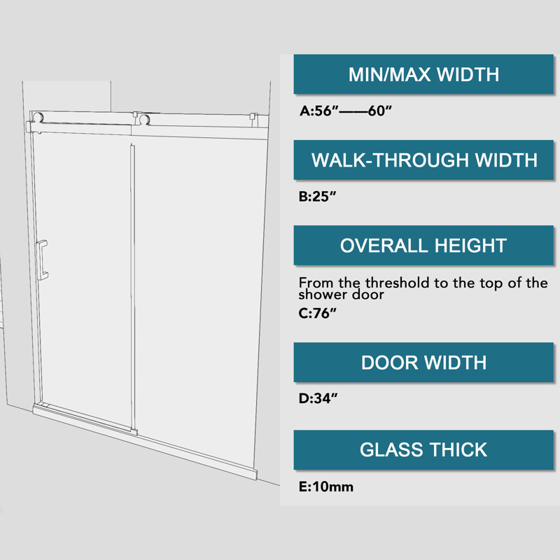 60'' W x 76'' H Brushed Nickel Frameless Sliding Shower Door with Clear Glass