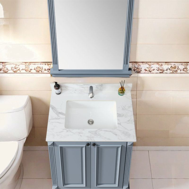 Plateau de meuble-lavabo blanc fritté en pierre Carra (31 po x 22 po) - Lavabo en céramique encastré + dosseret de 4 po, 3 trous de robinet pour un seul trou / 8 po pour les armoires 36 po
