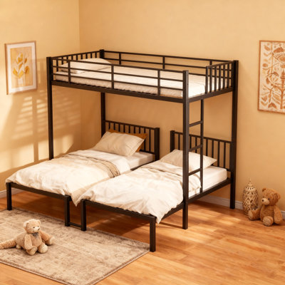 Triple Bunk Bed For Kids,3 Bed Bunk Beds For 3,Metal Triple Bunk Beds,Separates Into 3 Twin Beds,Noise Reduced Structure,Black